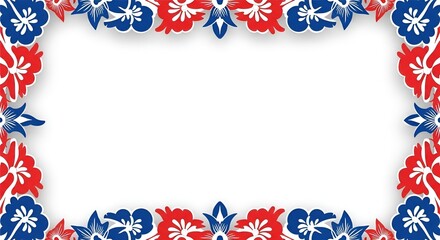 Obraz premium Decorative floral border with red and blue hibiscus flowers framing a blank white space.