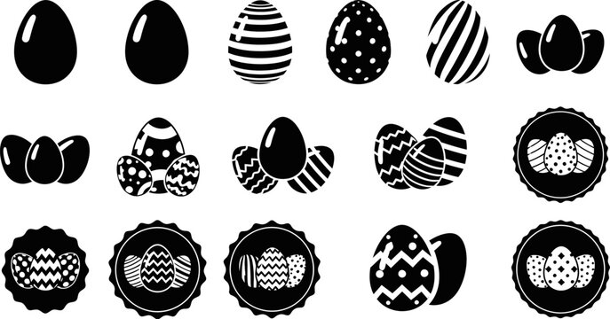 Black and white Easter eggs and decorated eggs on white background