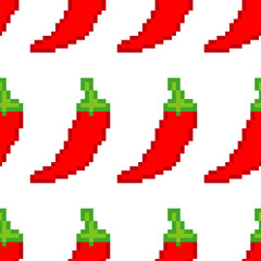 Seamless pattern with 8 bit retro red chili pepper pixel art.