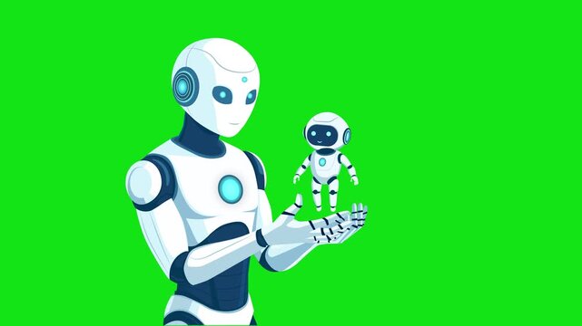 2d Animated AI robot with moving arms. Robotics. Isolated 2D cartoon AI android character in a flat color style, filmed in 4K resolution for web design. Chatbot. AI brain.