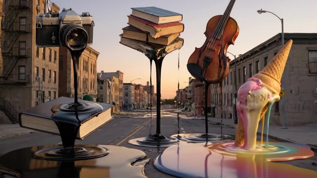 Surreal scene featuring melting books, a camera, a violin, and an ice cream cone on a city street at sunset, creating a whimsical and imaginative urban landscape