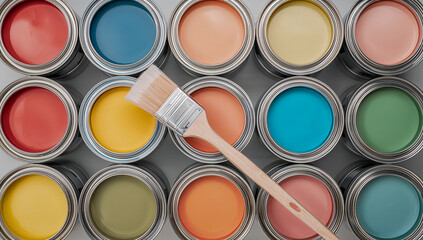 Fototapeta premium Assortment of colorful paint cans with a wooden brush laid across them