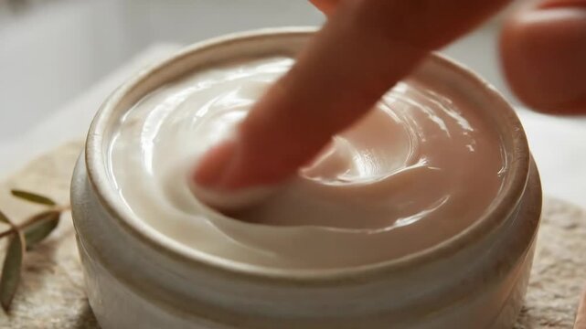 Creamy moisturizer in ceramic bowl with wooden spoon and olive branch, finger dipping into the product, showcasing smooth texture and rich consistency in bright bathroom setting