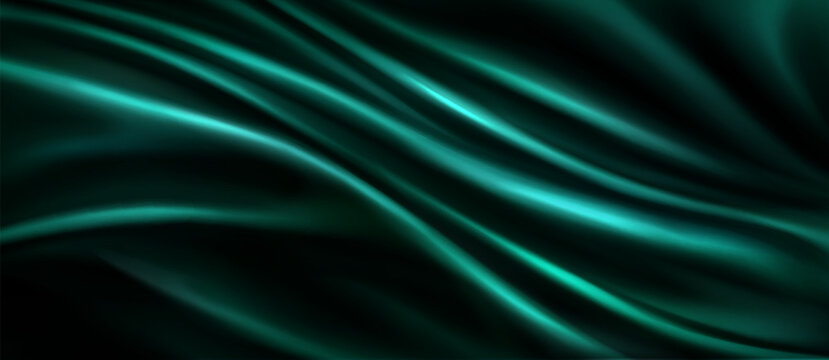 Green silk fabric texture with smooth waves. Vector realistic illustration of luxury satin cloth, abstract curtain drapery background, emerald green premium material with silky gradient, draped flag