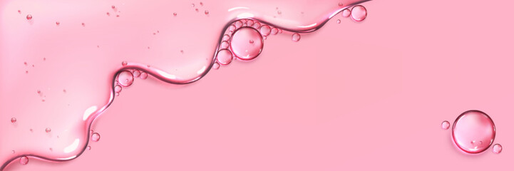 Naklejka premium Transparent gel serum liquid texture with round drops and bubbles on pink background, realistic vector. Hyaluronic acid, collagen or skincare cosmetic essence. Abstract beauty product close up