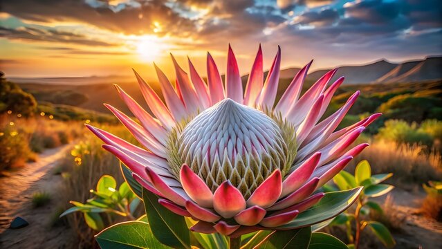 Large king protea bloom with pink and white petals, dry African landscape background, golden sunlight, ultra detailed textures, realistic macro photography