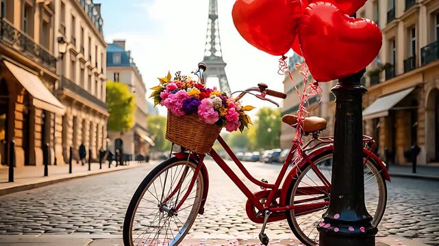 A vibrant red vintage bicycle adorned with a basket of colorful flowers and heart-shaped balloons stands charmingly on a cobblestone Parisian street.