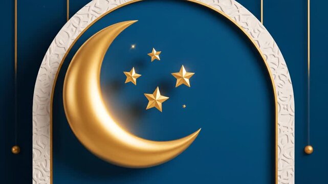 Golden Crescent Moon and Stars Illustration.