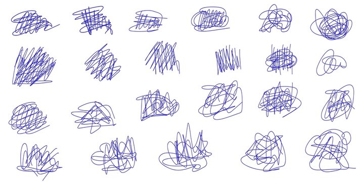 Set of hand drawn scribble pen blue line. Sloppy hatching, highlighter for trend modern design. Scratch texture sketchy graphic design element. Template vector illustration ballpoint round swirl