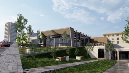 Modern Commercial Building Architecture with Landscaped Green Hillside and Cityscape Background, 3D Render