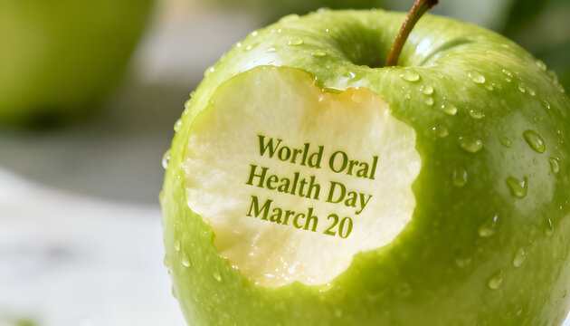 Green Apple with Bite Mark and Engraved World Oral Health Day March 20 Typography Macro