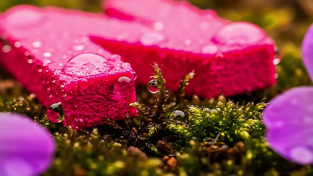 Macro photograph captures vibrant pink heart-shaped objects covered in glistening morning dew resting upon lush green mossy terrain.