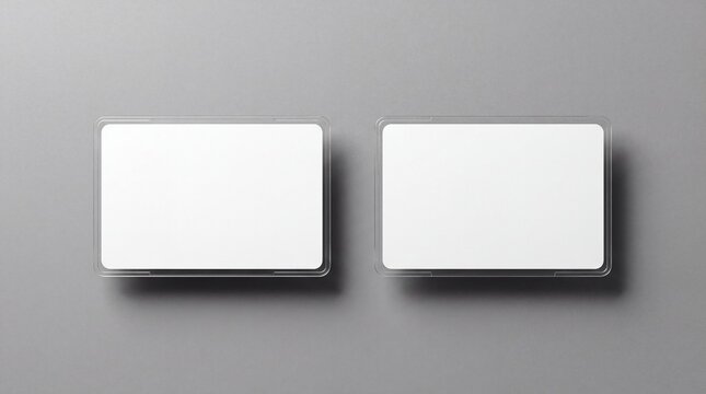 Two Blank White Cards in Clear Plastic Holders on a Gray Studio Background