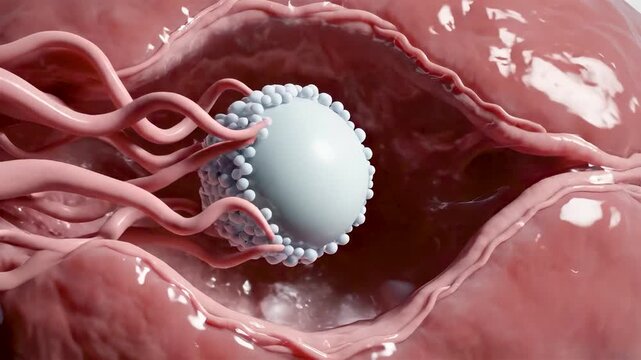 Human Ovulation Process Showing Follicle Rupture Egg Release and Capture by Fallopian Tube Fimbriae in Detailed Biological View