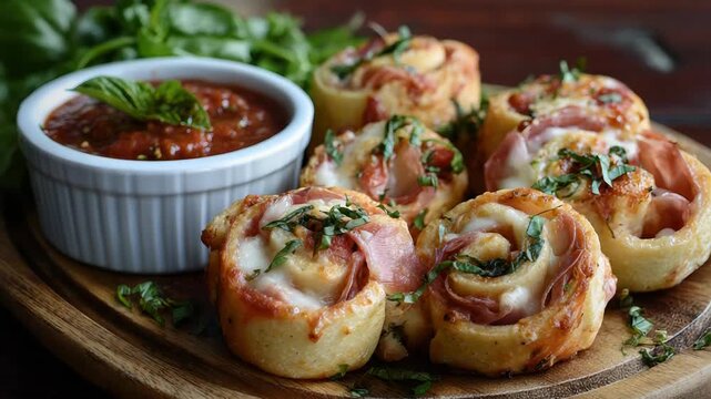 Delicious pepperoni pizza rolls with marinara sauce and fresh herbs on rustic wooden board