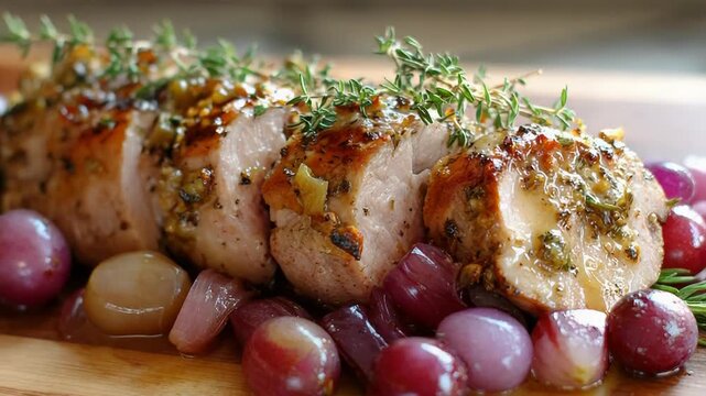 Juicy herbroasted pork tenderloin with grapes and shallots on rustic wooden board
