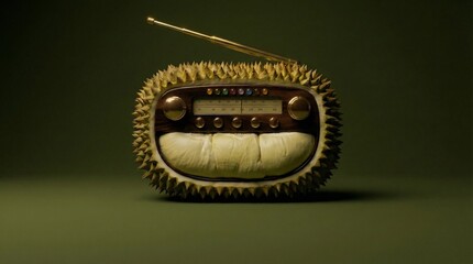 Surreal digital art of a vintage analog radio housed inside a spiky durian fruit