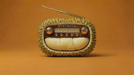 Surreal digital art of a vintage analog radio housed inside a spiky durian fruit