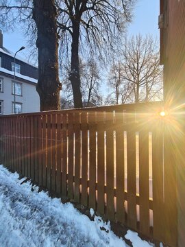 Winter sunlight through wooden fence in snowy residential neighborhood