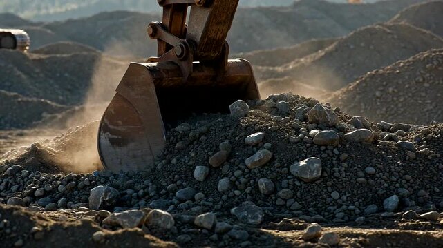 Dynamic excavation scene showcasing an excavator lifting dirt and rocks at a construction site.