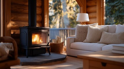 Obraz premium An interior scene of a cozy cabin featuring a thermal wood-burning stove, surrounded by rustic decor, ideal for home improvement and interior design discussions focusing on warmth and
