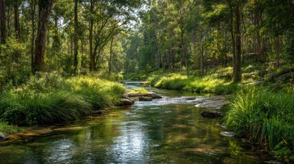 Clear scenic river flowing through a lush green forest with sunlight filtering through the trees
