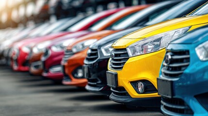 Obraz premium Row of colorful new cars parked in a dealership lot
