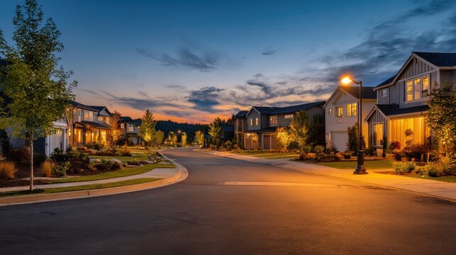 Suburban neighborhood street at sunset with modern houses and streetlights