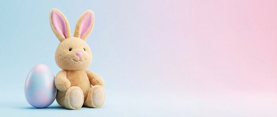 Obraz premium Plush Easter bunny sitting next to a pastel egg. Soft blue and pink gradient background with copy space. Spring holiday banner concept