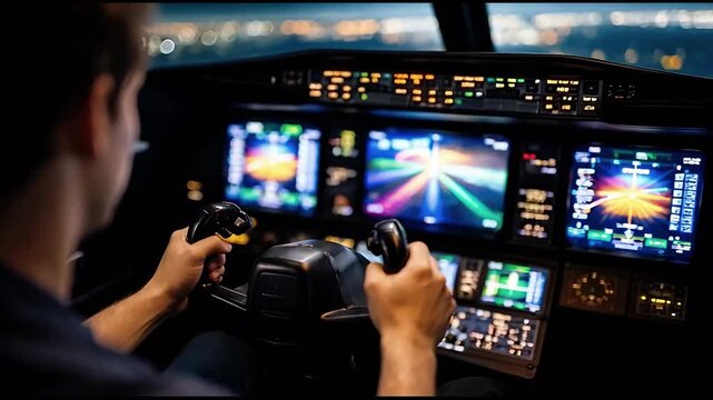 Pilot hands on aircraft yoke in illuminated cockpit at night, glowing flight instruments and city lights ahead, aviation control and navigation during takeoff or landing, generative AI