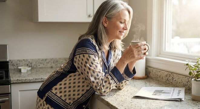 Happy mature woman in pajamas enjoying a steaming cup of coffee in her bright kitchen for a tranquil morning routine concept and self-care lifestyle