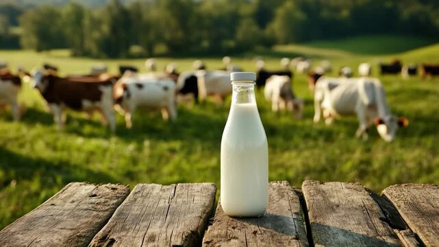 A bottle of milk sits on a wooden surface, with cows grazing in a sunny green pasture