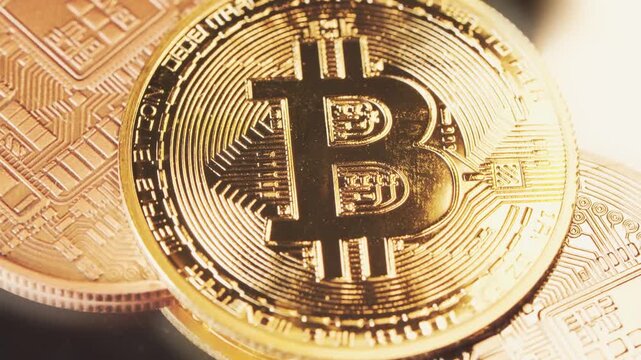 A gold coin with the Bitcoin logo. Cryptocurrencies and blockchains. High quality 4k footage