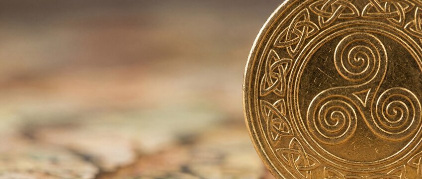 Close up of gold coin with Celtic triskele symbol. Traditional Irish knotwork design. St. Patrick's Day banner with copy space