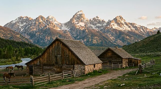 Historic barns and horses with snow-capped mountains landscape photo barn horse mountains snow, rural, rustic.