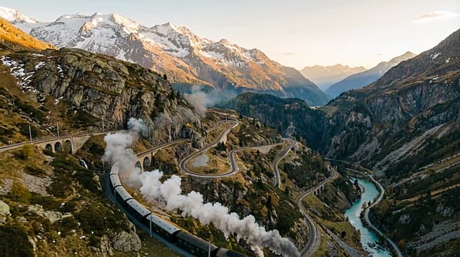Vintage steam train on scenic mountain railway route, swiss alps travel, historical journey, vintage train.