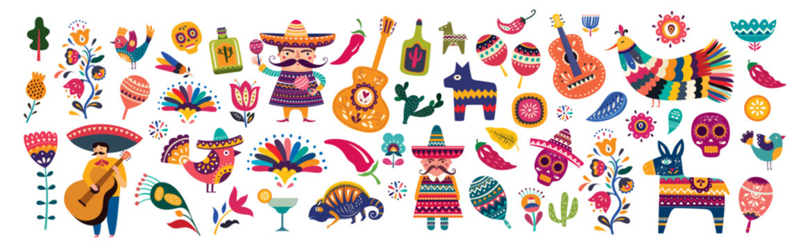 Mexico big collection. Traditional Mexican symbols and elements. Mexican decorative vector pattern.
