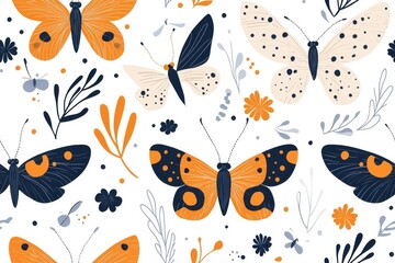 Obraz premium Flat style seamless pattern of moths, isolate on white background.