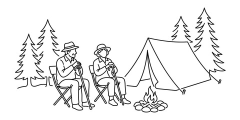 Elderly couple camping by campfire in forest