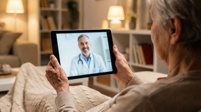 Over the Shoulder View of Elderly Woman Using Tablet for Telehealth Video Call at Home