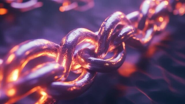 A close-up view of a metal chain with links intertwined, illuminated with warm, fiery highlights