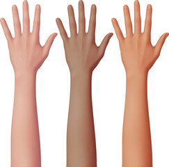 Three diverse human arms with different skin tones isolated on white background Realistic 3D vector showing hands with open fingers for diversity equality