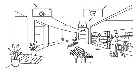 Obraz premium Accessible shopping mall interior with senior shoppers