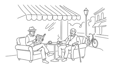 Elderly men socializing at outdoor caf&eacute;
