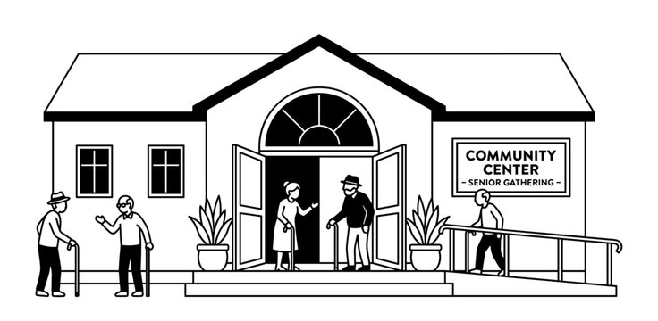 Elderly entering community center for gathering