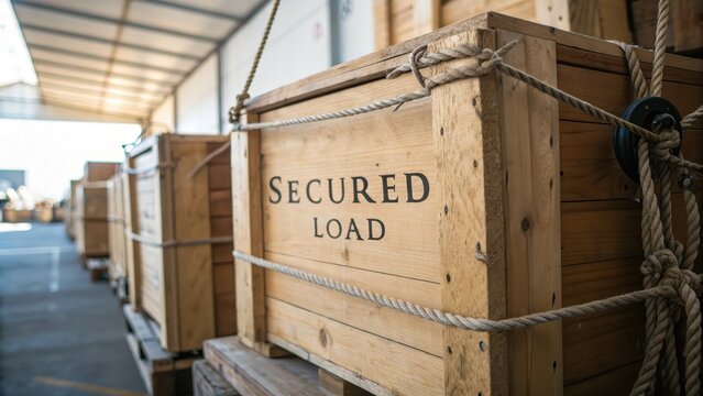 Wooden Crates with Secured Load Signage in Warehouse Environment