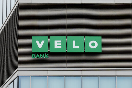 VeloBank logo sign. Velo is a universal bank offering banking services, financial solutions. Signboard with brand logotype on March 24, 2025 in Warsaw, Poland.