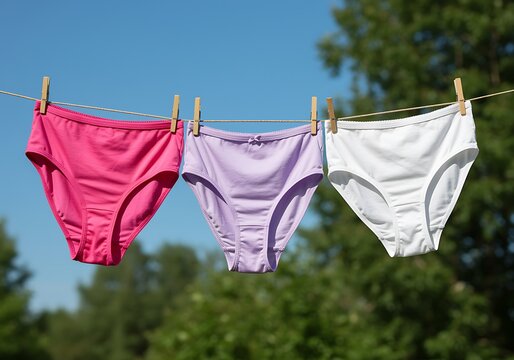 Bright colored underwear hanging on clothesline outside on sunny day