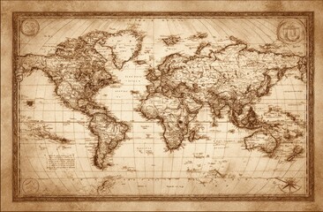 Fototapeta premium Aged sepia world map with continents, islands, and decorative cartouches