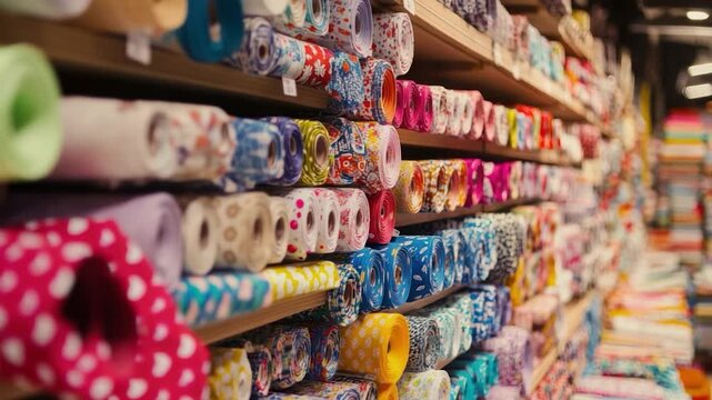 A fabric shop's shelves are overflowing with colorful rolls of patterned cloth, close up